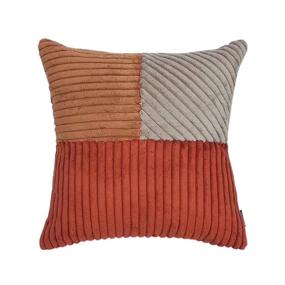 Luxury Home | Boho Orange & Beige Color Block Corduroy Stripe Throw Pillow Cover